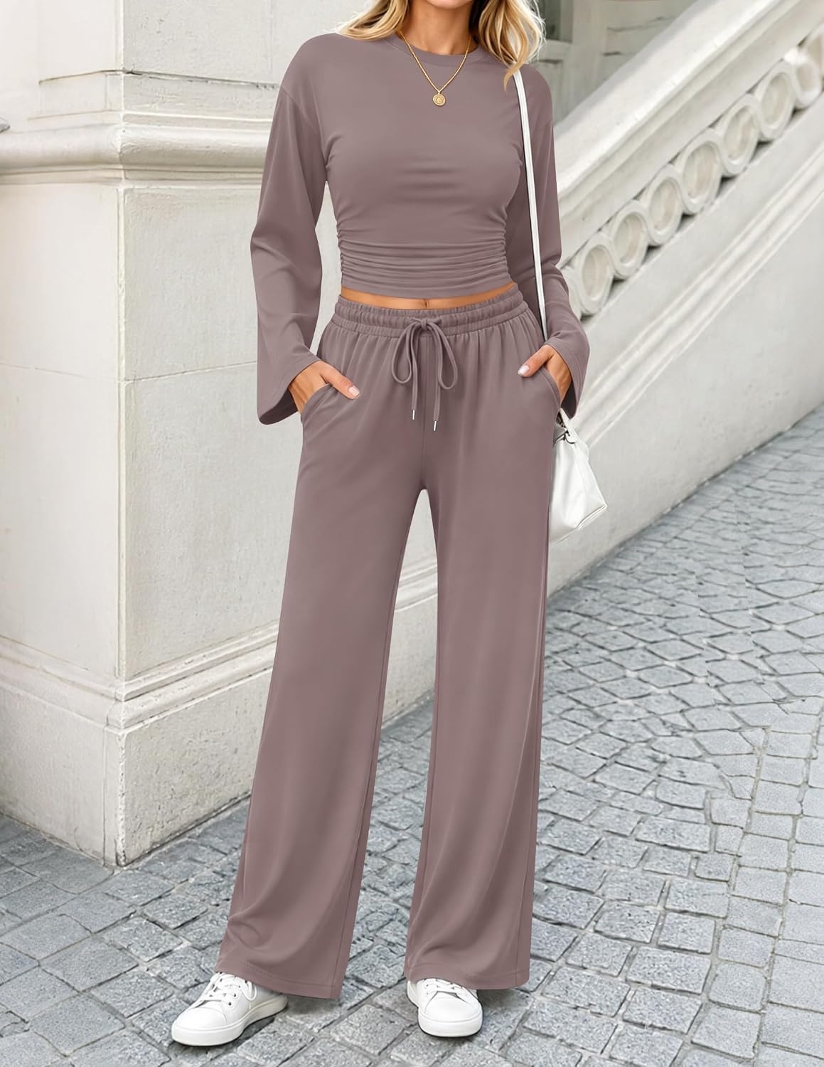 image:imageZESICA Womens Two Piece Outfits 2026 Fall Matching Lounge Sets with PocketRose Taupe