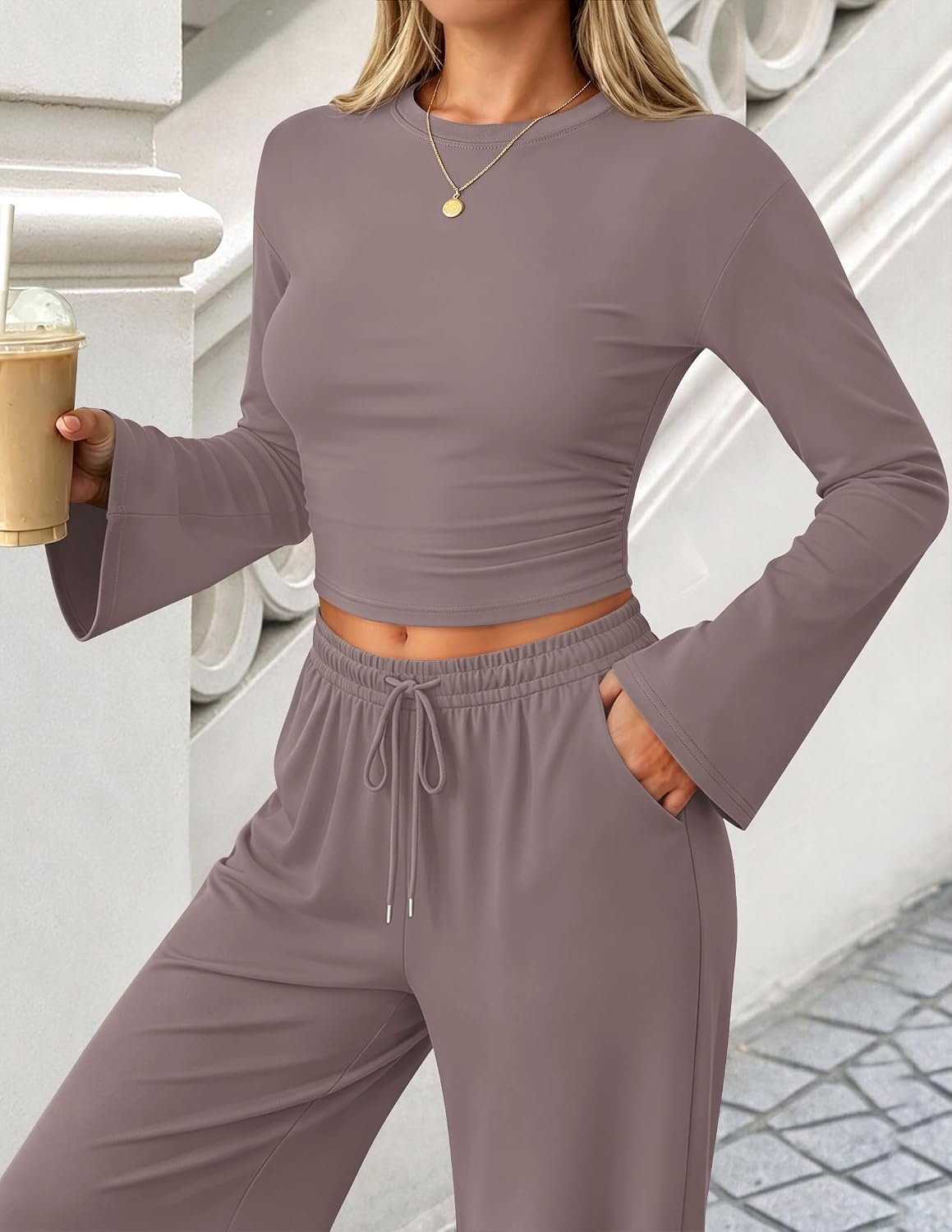 image:imageZESICA Womens Two Piece Outfits 2026 Fall Matching Lounge Sets with PocketRose Taupe
