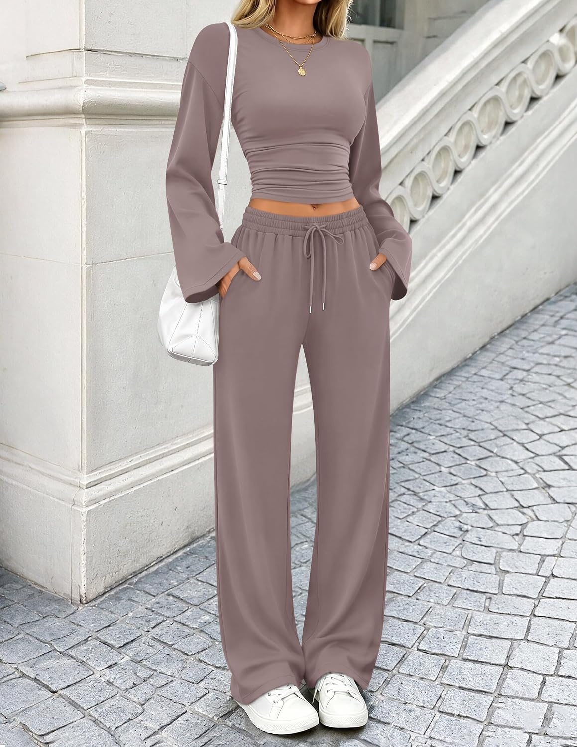 image:imageZESICA Womens Two Piece Outfits 2026 Fall Matching Lounge Sets with PocketRose Taupe