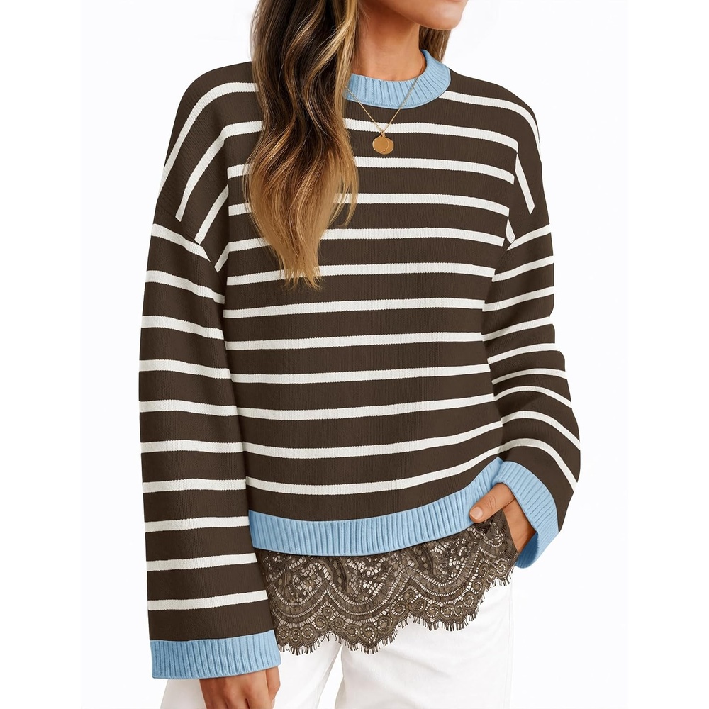 image:imageZESICA Womens Fall Winter Sweaters 2026 Lace Trim Pullover TopsBrown Stripe