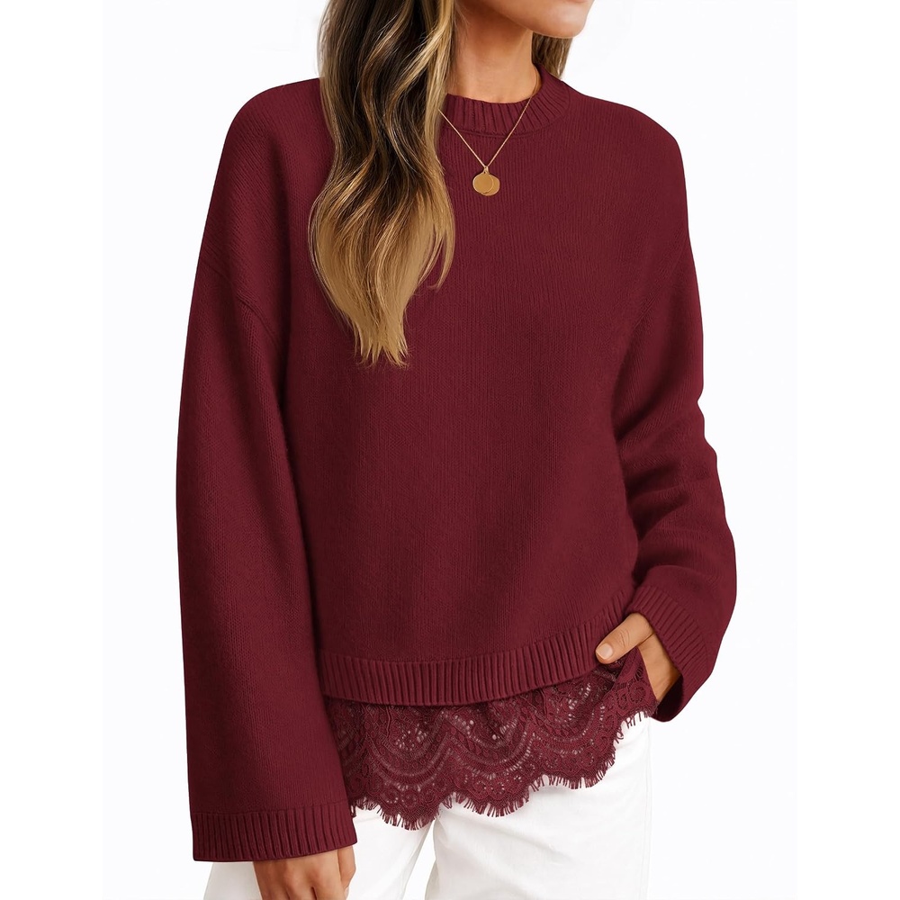 image:imageZESICA Womens Fall Winter Sweaters 2026 Lace Trim Pullover TopsBurgundy
