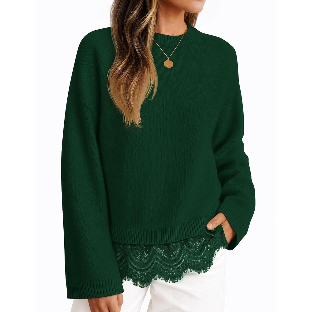 image:imageZESICA Womens Fall Winter Sweaters 2026 Lace Trim Pullover TopsDark Green