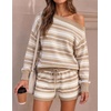 ZESICA Women’s 2 Piece Striped Casual Long Sleeve Sweater Shorts Sets(Apricot)