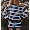 ZESICA Women’s 2 Piece Striped Casual Long Sleeve Sweater Shorts Sets(Blue)