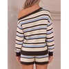 ZESICA Women’s 2 Piece Striped Casual Long Sleeve Sweater Shorts Sets(Brown)