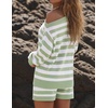 ZESICA Women’s 2 Piece Striped Casual Long Sleeve Sweater Shorts Sets(Green)