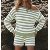 ZESICA Women’s 2 Piece Striped Casual Long Sleeve Sweater Shorts Sets(Green)