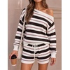 ZESICA Women’s 2 Piece Striped Casual Long Sleeve Sweater Shorts Sets(Ivory)