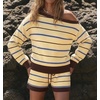 ZESICA Women’s 2 Piece Striped Casual Long Sleeve Sweater Shorts Sets(Light Yellow)