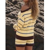 ZESICA Women’s 2 Piece Striped Casual Long Sleeve Sweater Shorts Sets(Light Yellow)
