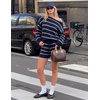 ZESICA Women’s 2 Piece Striped Casual Long Sleeve Sweater Shorts Sets(Navy)