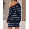 ZESICA Women’s 2 Piece Striped Casual Long Sleeve Sweater Shorts Sets(Navy)