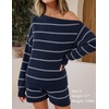 ZESICA Women’s 2 Piece Striped Casual Long Sleeve Sweater Shorts Sets(Navy)
