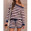 ZESICA Women’s 2 Piece Striped Casual Long Sleeve Sweater Shorts Sets(Wine)