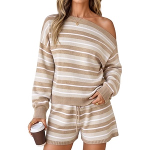 ZESICA Women’s 2 Piece Striped Casual Long Sleeve Sweater Shorts Sets(Apricot)