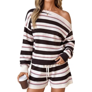 ZESICA Women’s 2 Piece Striped Casual Long Sleeve Sweater Shorts Sets(Ivory)