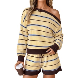 ZESICA Women’s 2 Piece Striped Casual Long Sleeve Sweater Shorts Sets(Light Yellow)