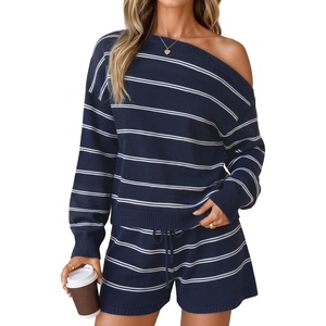 ZESICA Women’s 2 Piece Striped Casual Long Sleeve Sweater Shorts Sets(Navy)