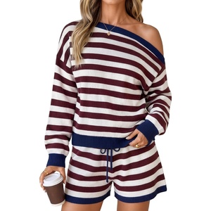 ZESICA Women’s 2 Piece Striped Casual Long Sleeve Sweater Shorts Sets(Wine)