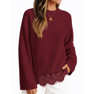 ZESICA Women’s Fall Winter Sweaters 2026 Lace Trim Pullover Tops(Burgundy)