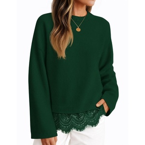 ZESICA Women’s Fall Winter Sweaters 2026 Lace Trim Pullover Tops(Dark Green)
