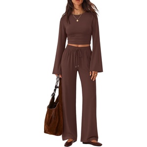 ZESICA Women’s Two Piece Outfits 2026 Fall Matching Lounge Sets with Pocket(Coffee)
