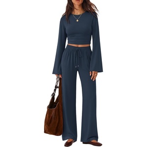 ZESICA Women’s Two Piece Outfits 2026 Fall Matching Lounge Sets with Pocket(Navy)