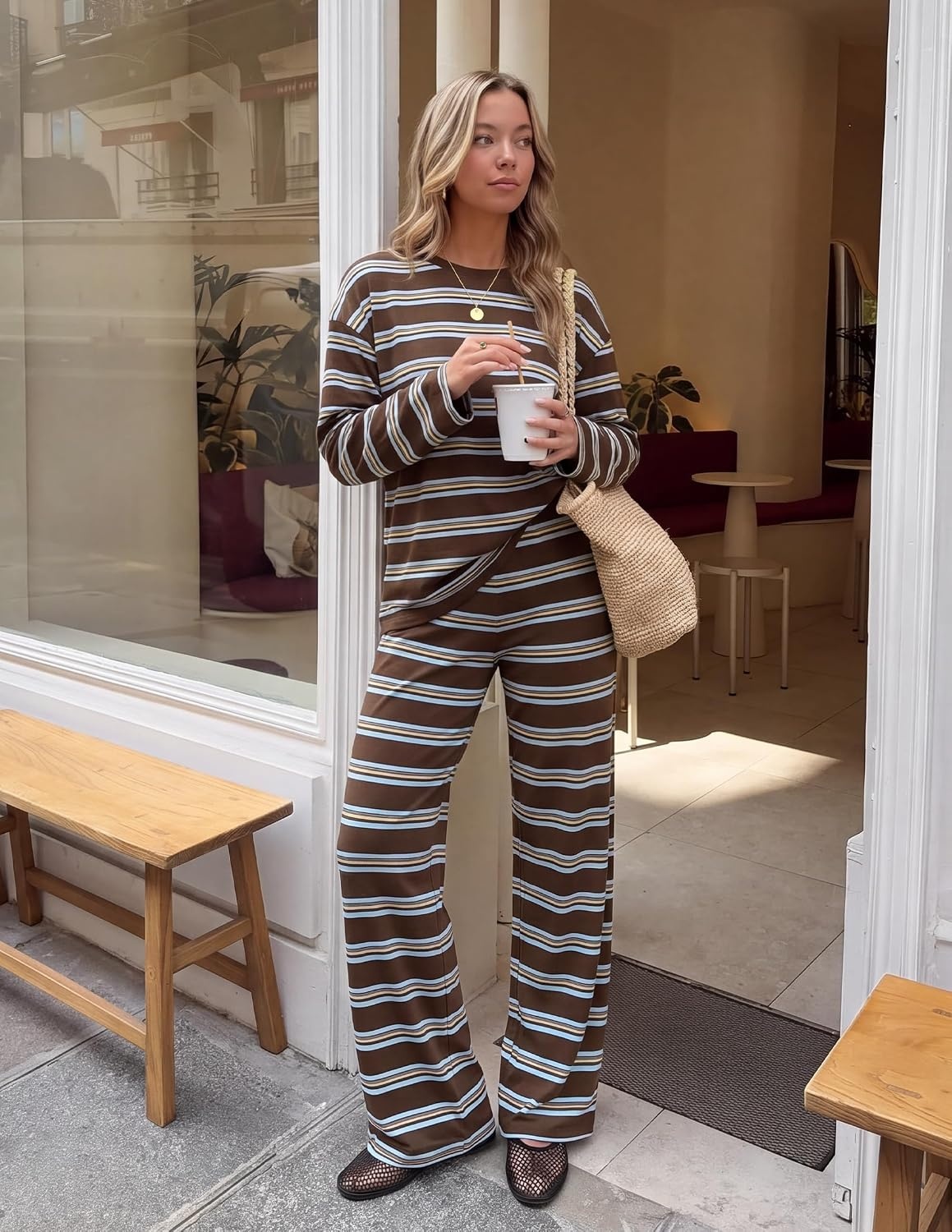 image:imageZESICA Womens 2 Piece Striped Sets Fall Lounge Matching OutfitBrown