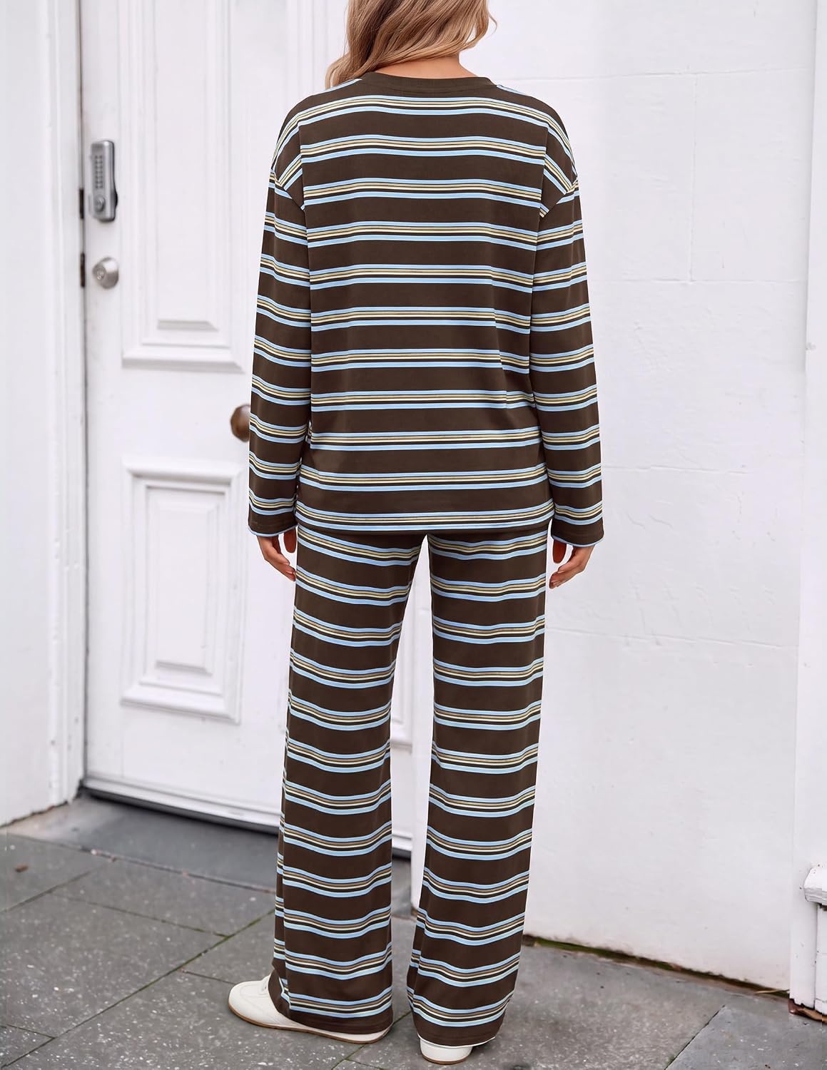 image:imageZESICA Womens 2 Piece Striped Sets Fall Lounge Matching OutfitBrown
