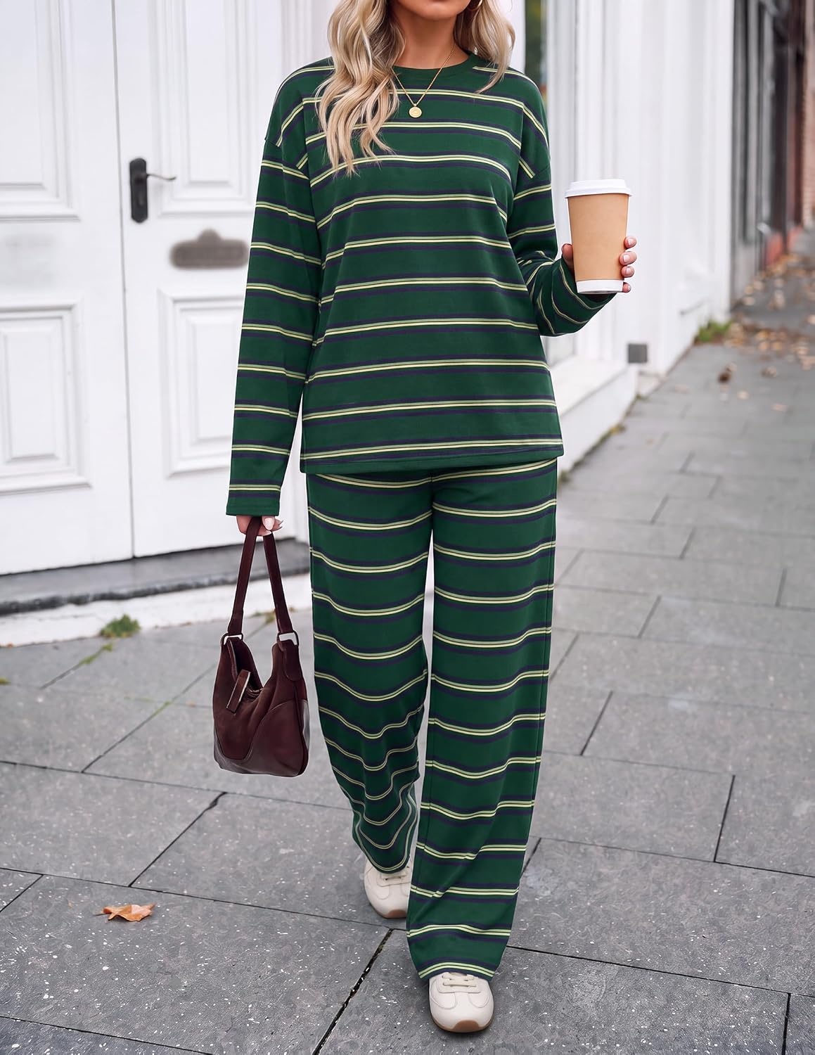 image:imageZESICA Womens 2 Piece Striped Sets Fall Lounge Matching OutfitGreen