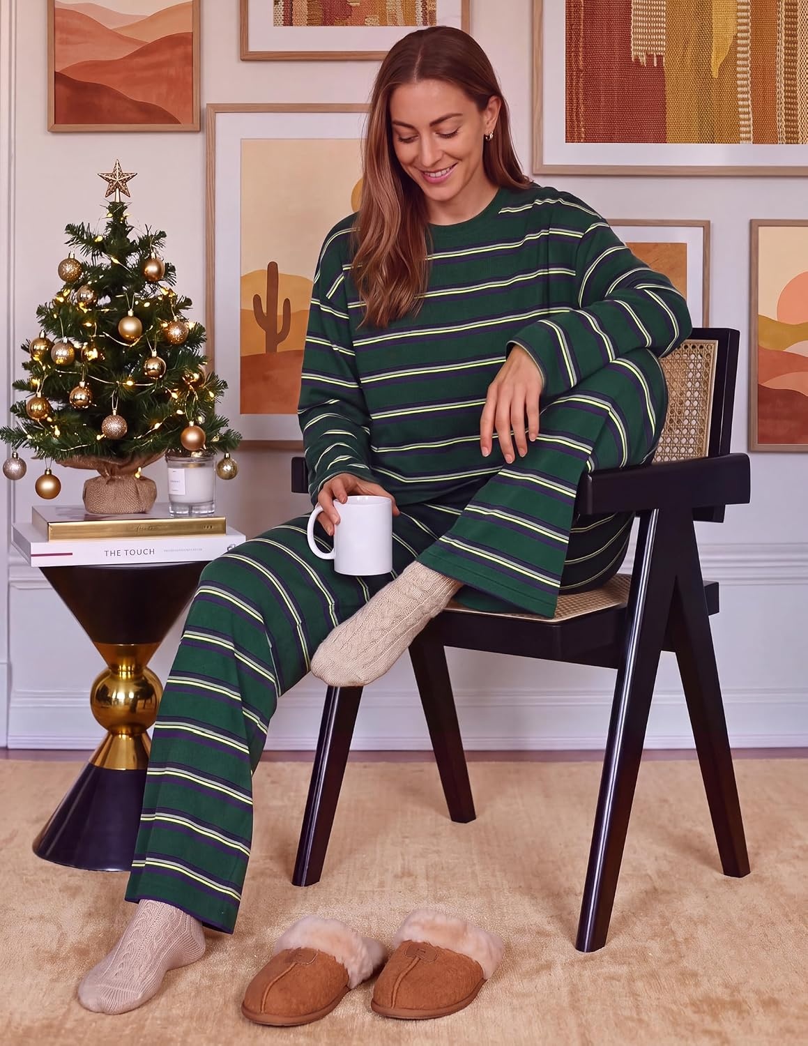 image:imageZESICA Womens 2 Piece Striped Sets Fall Lounge Matching OutfitGreen