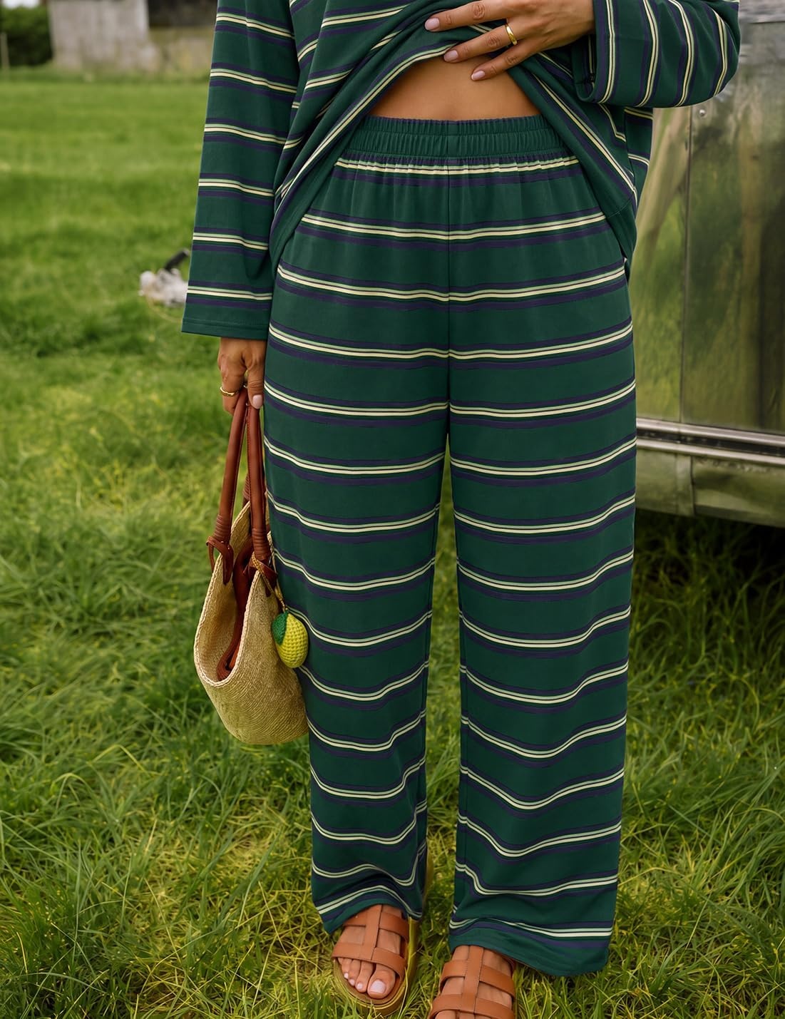 image:imageZESICA Womens 2 Piece Striped Sets Fall Lounge Matching OutfitGreen