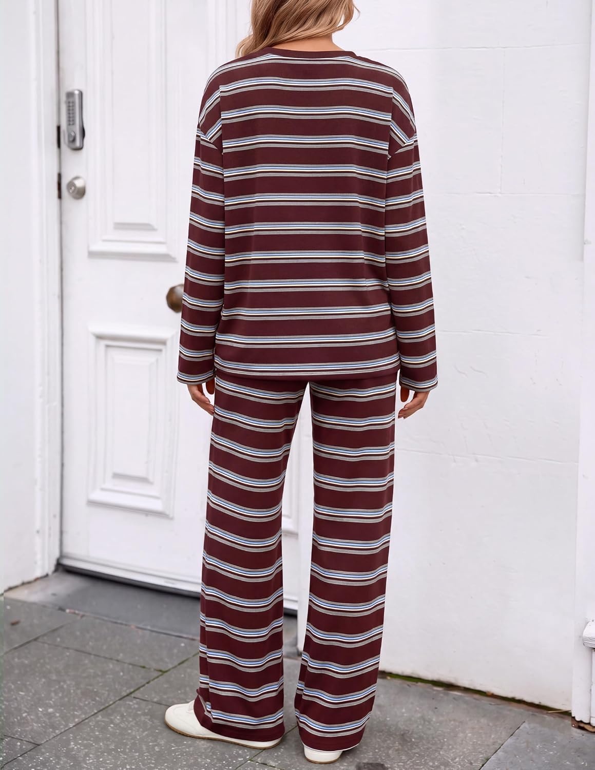 image:imageZESICA Womens 2 Piece Striped Sets Fall Lounge Matching OutfitRedwine