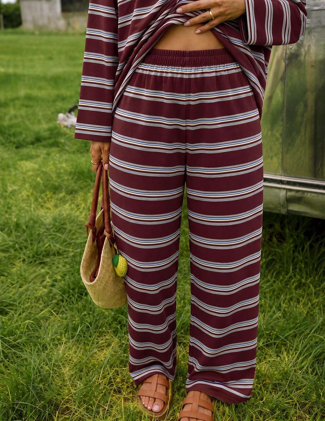 image:imageZESICA Womens 2 Piece Striped Sets Fall Lounge Matching OutfitRedwine