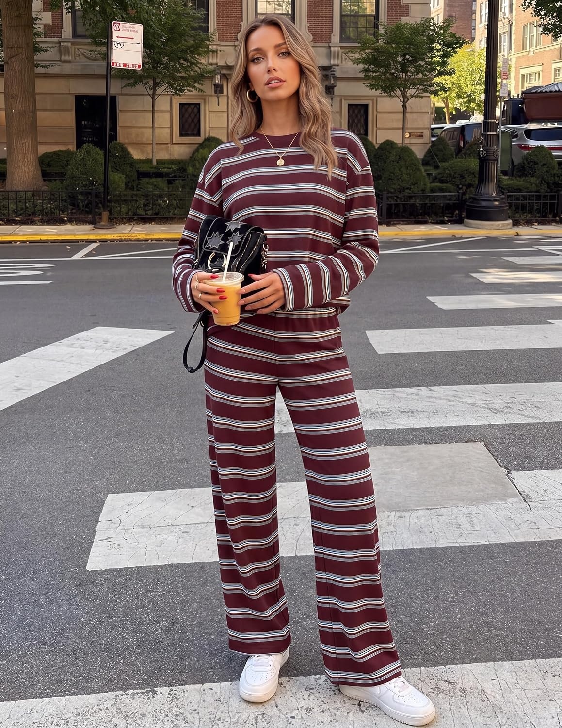 image:imageZESICA Womens 2 Piece Striped Sets Fall Lounge Matching OutfitRedwine