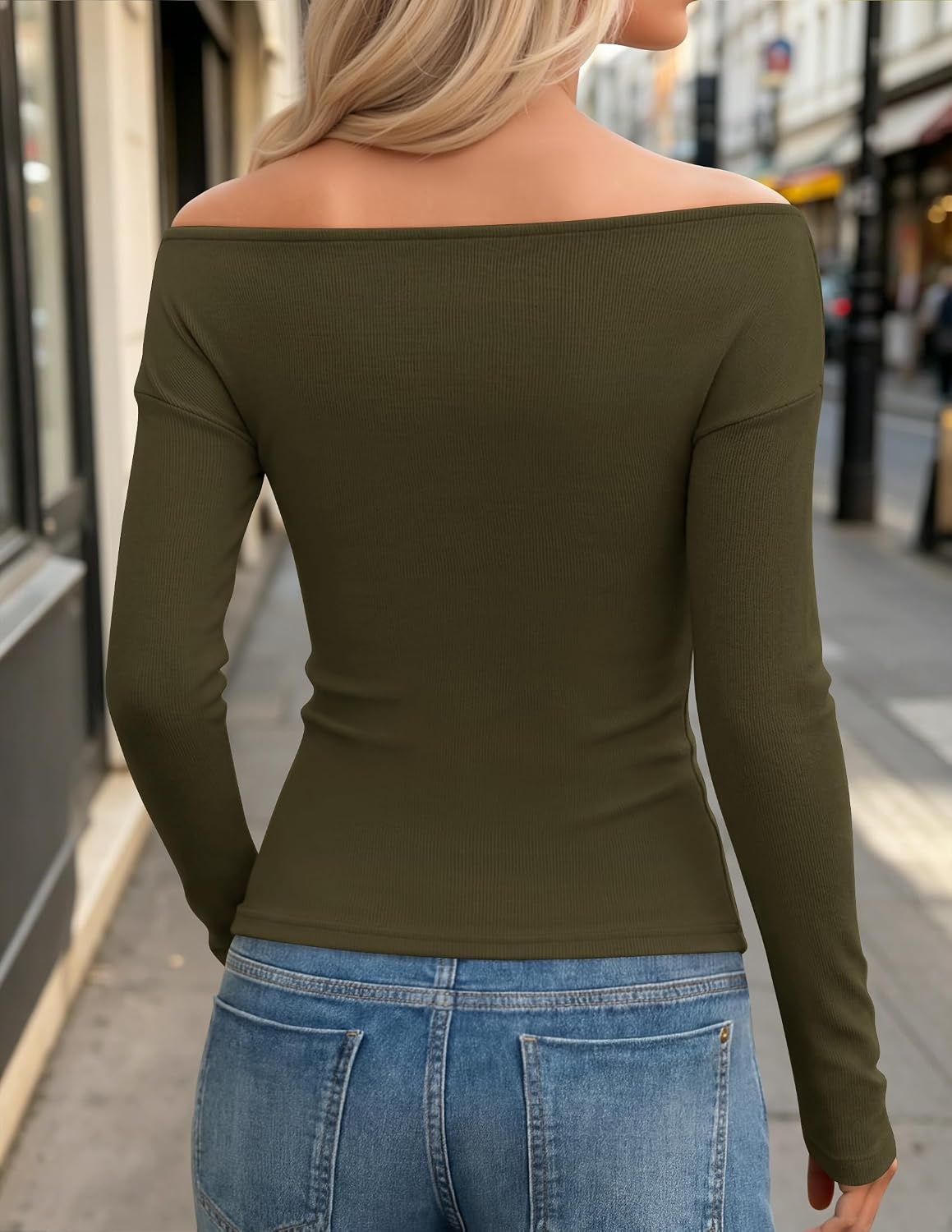 image:imageZESICA Womens 2026 Fall Long Sleeve Wrap Off Shoulder Y2K Going Out TopsArmygreen