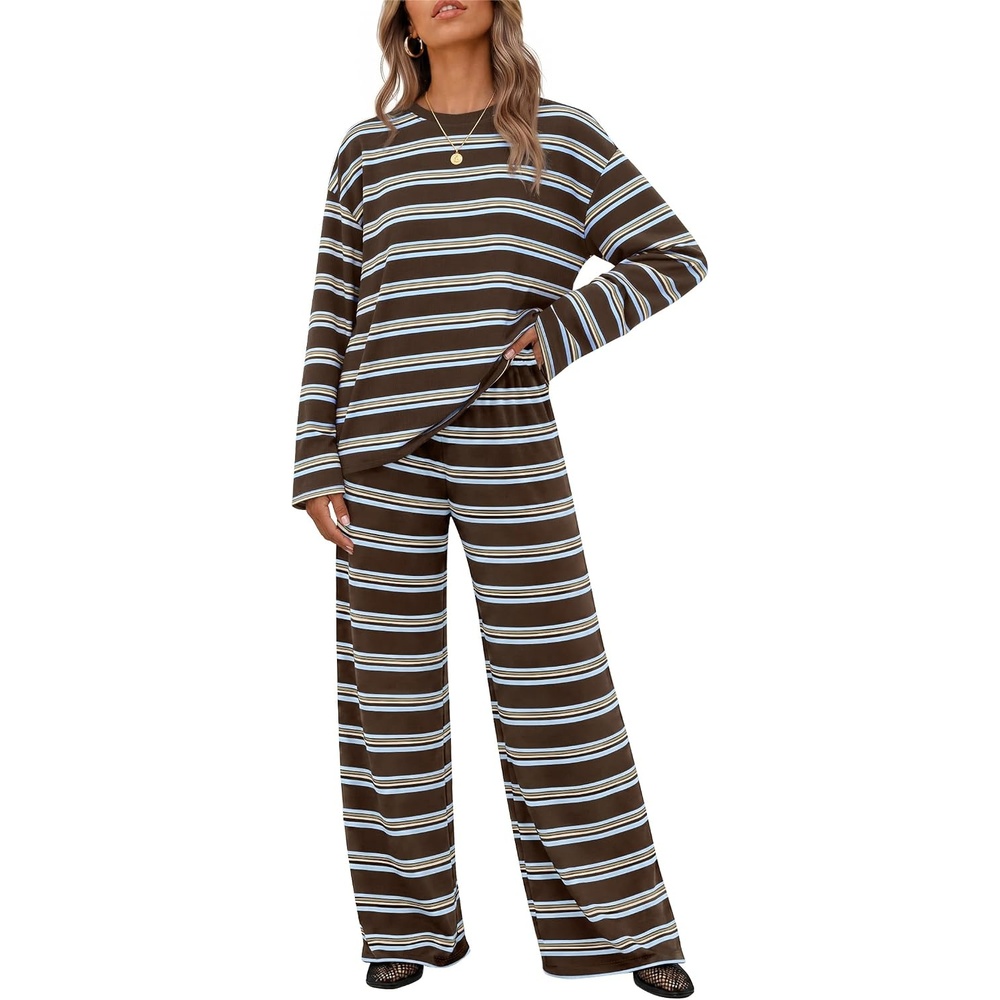 image:imageZESICA Womens 2 Piece Striped Sets Fall Lounge Matching OutfitBrown