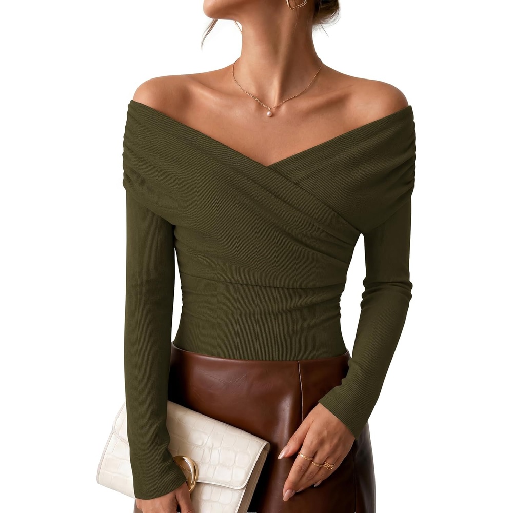 image:imageZESICA Womens 2026 Fall Long Sleeve Wrap Off Shoulder Y2K Going Out TopsArmygreen