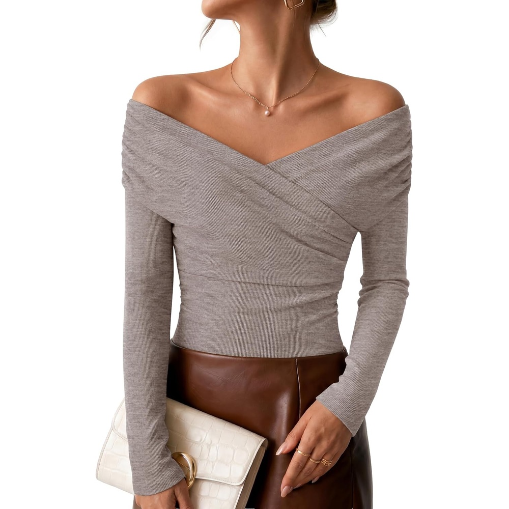 image:imageZESICA Womens 2026 Fall Long Sleeve Wrap Off Shoulder Y2K Going Out TopsTaupe