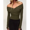 ZESICA Womens 2026 Fall Long Sleeve Wrap Off Shoulder Y2K Going Out Tops(Armygreen)