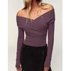 ZESICA Womens 2026 Fall Long Sleeve Wrap Off Shoulder Y2K Going Out Tops(Darkpurple)