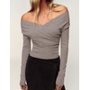 ZESICA Womens 2026 Fall Long Sleeve Wrap Off Shoulder Y2K Going Out Tops(Taupe)