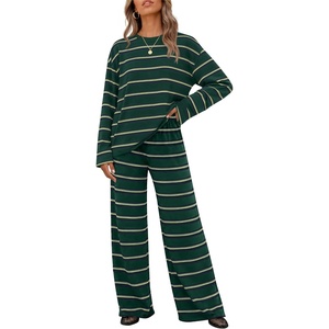ZESICA Womens 2 Piece Striped Sets Fall Lounge Matching Outfit(Green)