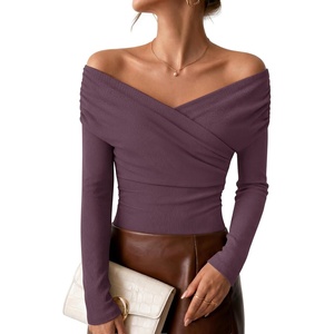 ZESICA Womens 2026 Fall Long Sleeve Wrap Off Shoulder Y2K Going Out Tops(Darkpurple)