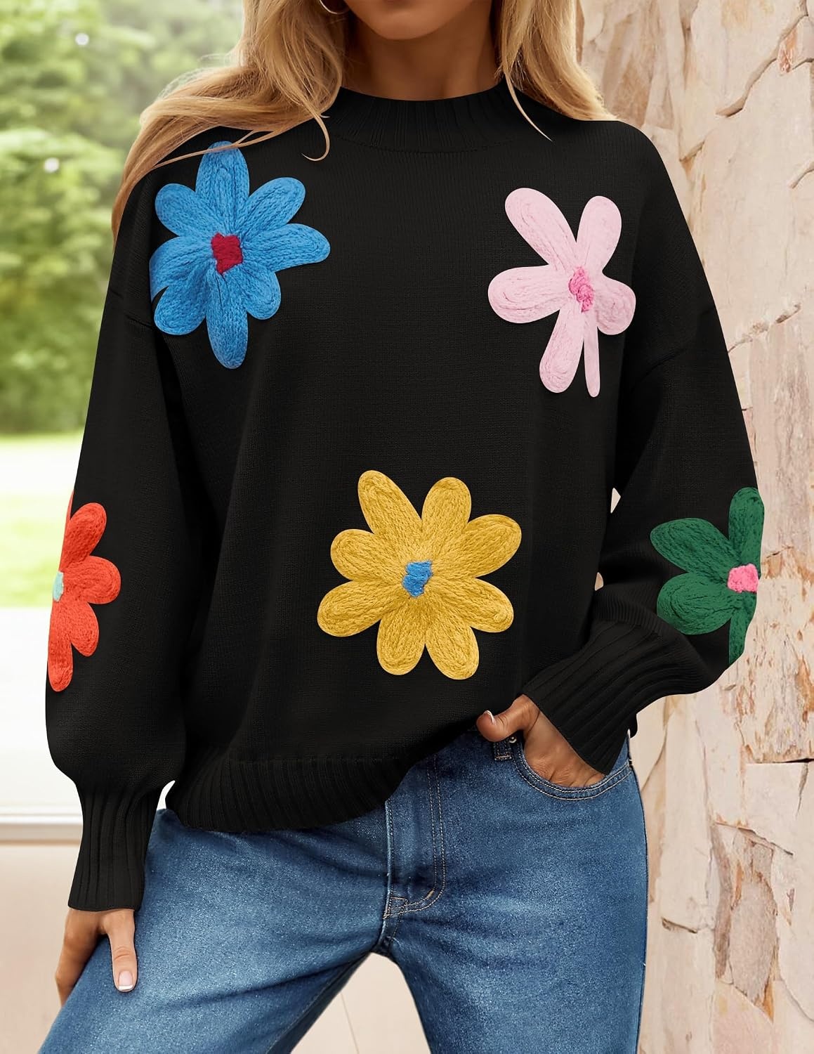 image:imageZESICA Womens Fall Winter Floral Sweaters Cute Knit Pullover TopsBlack