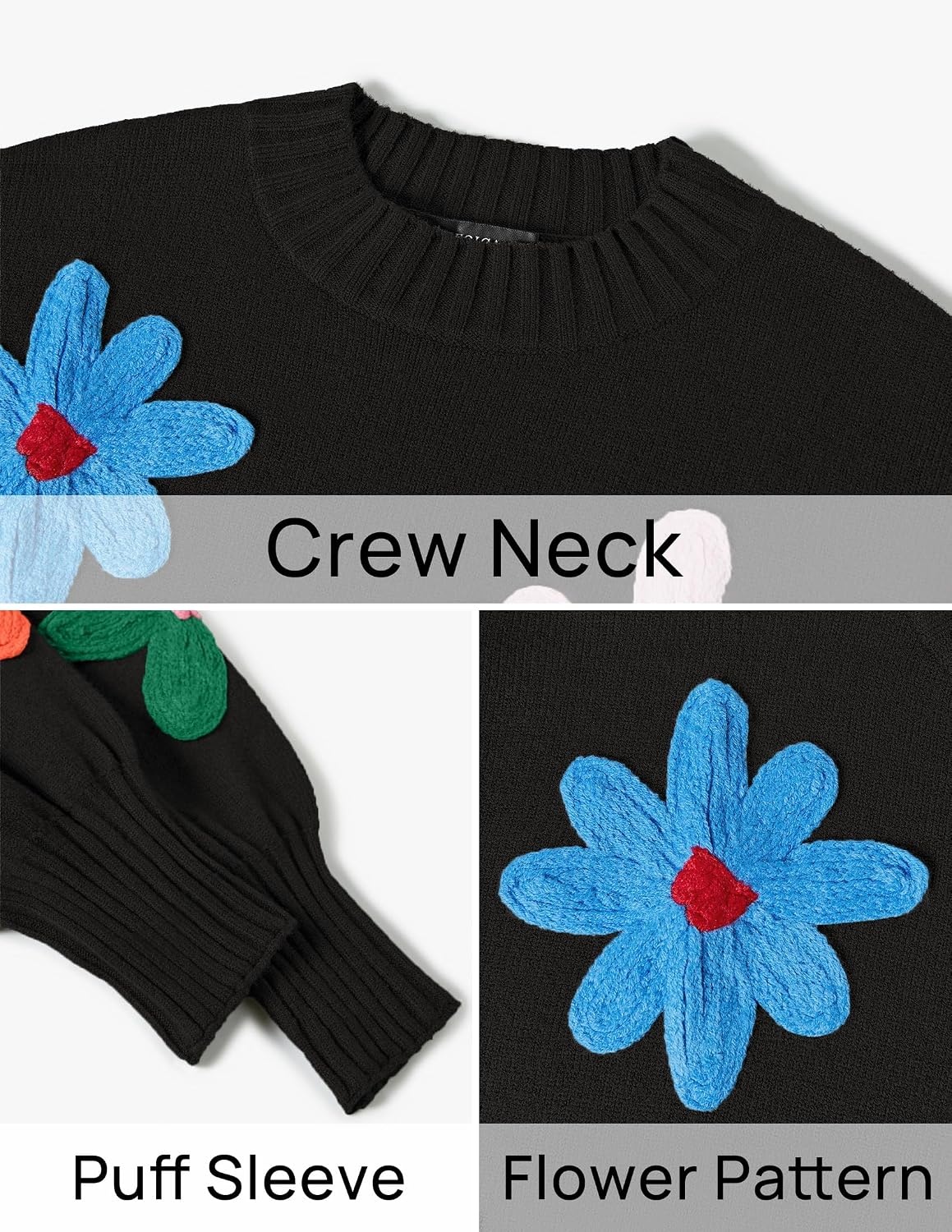 image:imageZESICA Womens Fall Winter Floral Sweaters Cute Knit Pullover TopsBlack