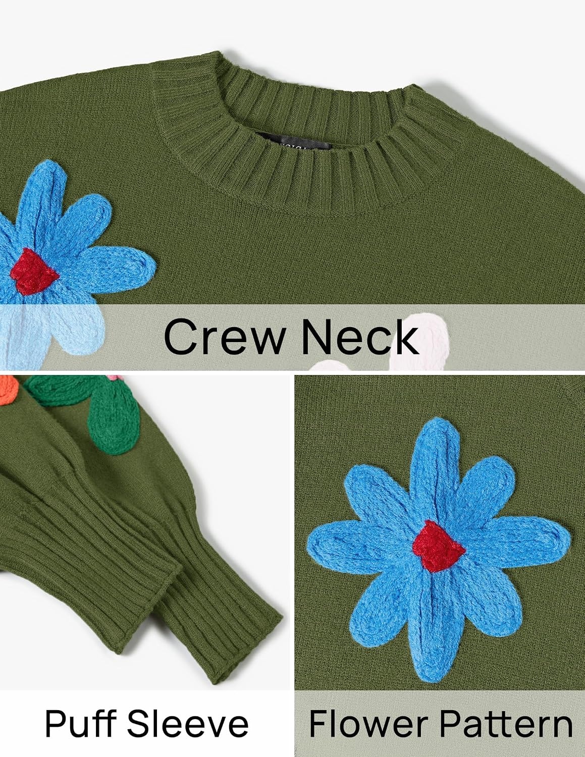 image:imageZESICA Womens Fall Winter Floral Sweaters Cute Knit Pullover TopsGreen