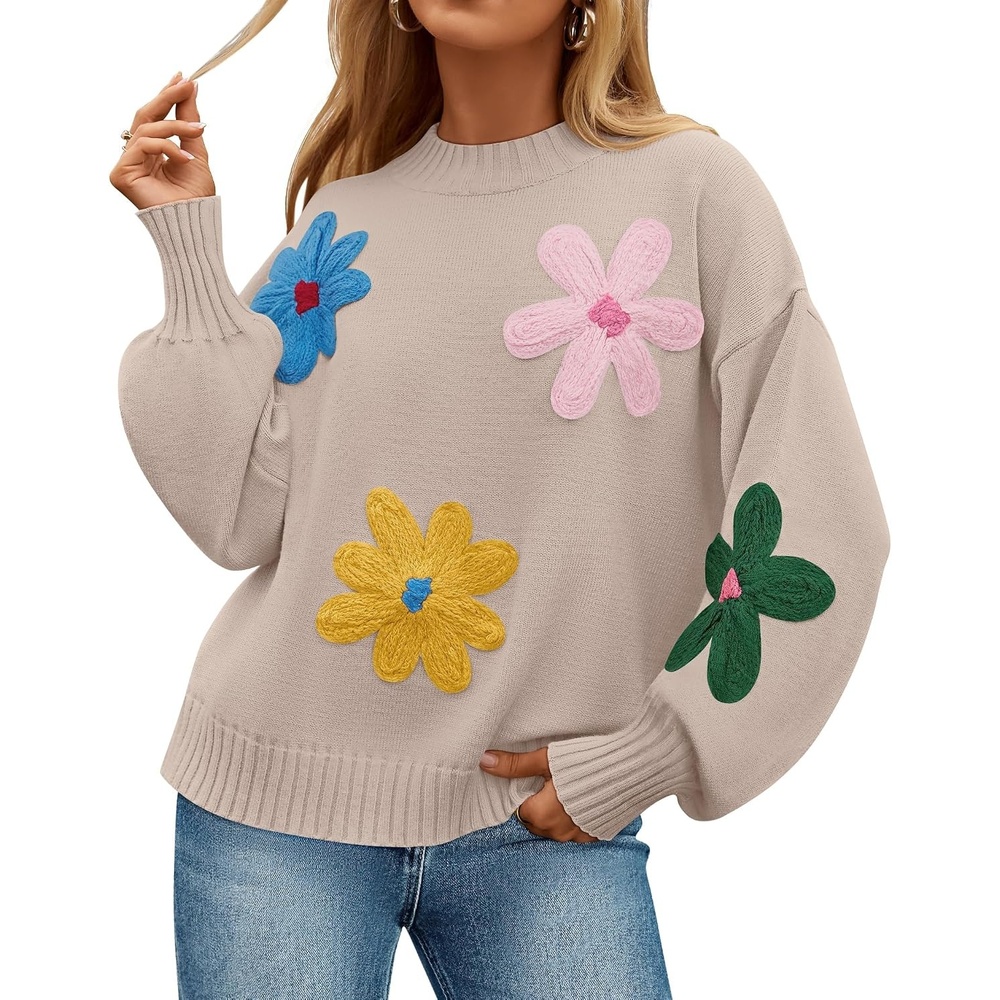image:imageZESICA Womens Fall Winter Floral Sweaters Cute Knit Pullover TopsSand