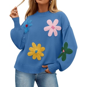 ZESICA Womens Fall Winter Floral Sweaters Cute Knit Pullover Tops(Blue)