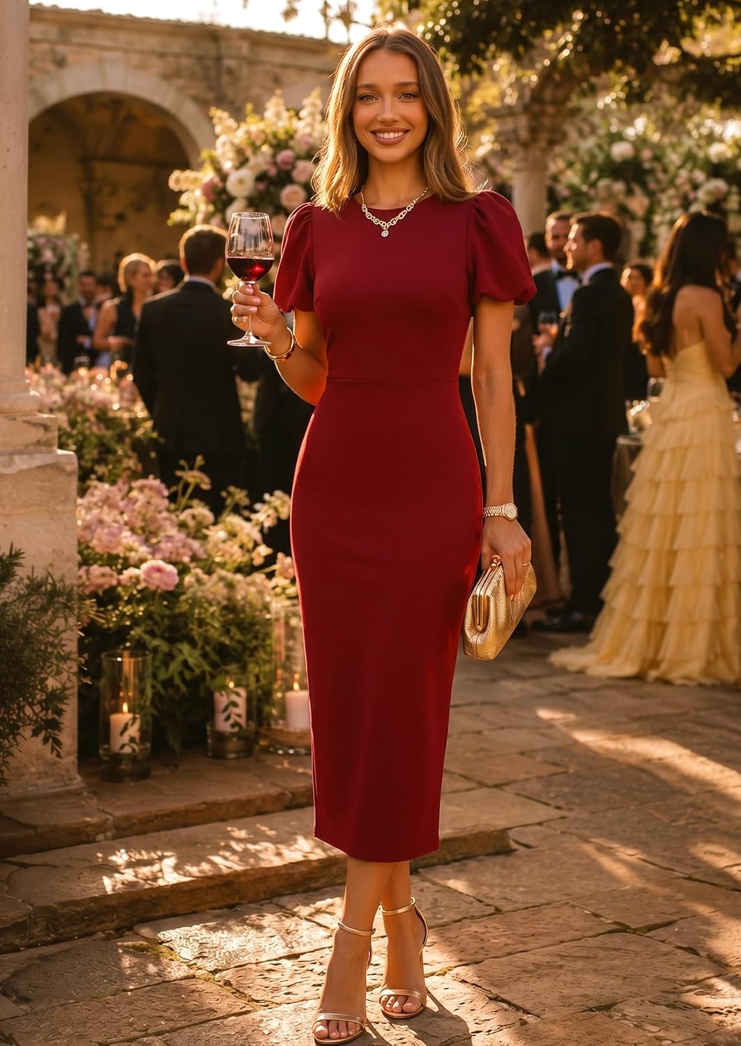 image:imageZESICA Womens Summer Short Sleeve Bodycon Cocktail Formal DressWine